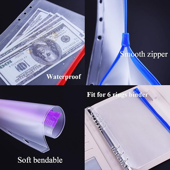 Antner 12PCS A5 Binder Pockets 6-Hole Budget Cash Envelopes for A5 6-Ring Binder, Multicolor Zipper Pouches for Planner Inserts, Money Organizer Bags Savings Challenge Envelopes for Cash Stuffing