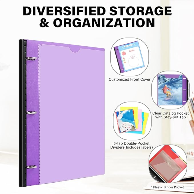 WOT I Telescoping Project Organizer 2-Pack, Refillable 3 Ring Binder with Dividers and Pockets, 13 Pocket Folders, 1 Inch 3 Rings, Purple