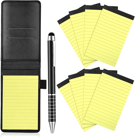 Outus 10 Pcs Pocket Notebook with Pen Set Included Mini Pocket Notepad Holder with 50 Lined Sheets, Metal Pen, 8 Pcs 3 x 5 Inch Memo Book Refills, 30 Lined Paper Per Note Pad (Black, Yellow)