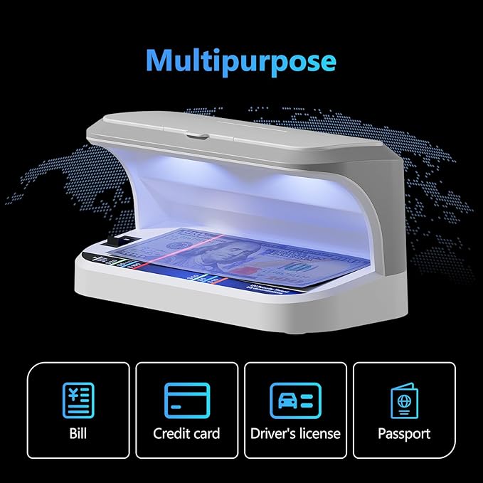 Portable Counterfeit Bill Detector with 8X Magnifying, 2 LED UV Light, Large Watermark Area for Money, IDs and Credit Cards