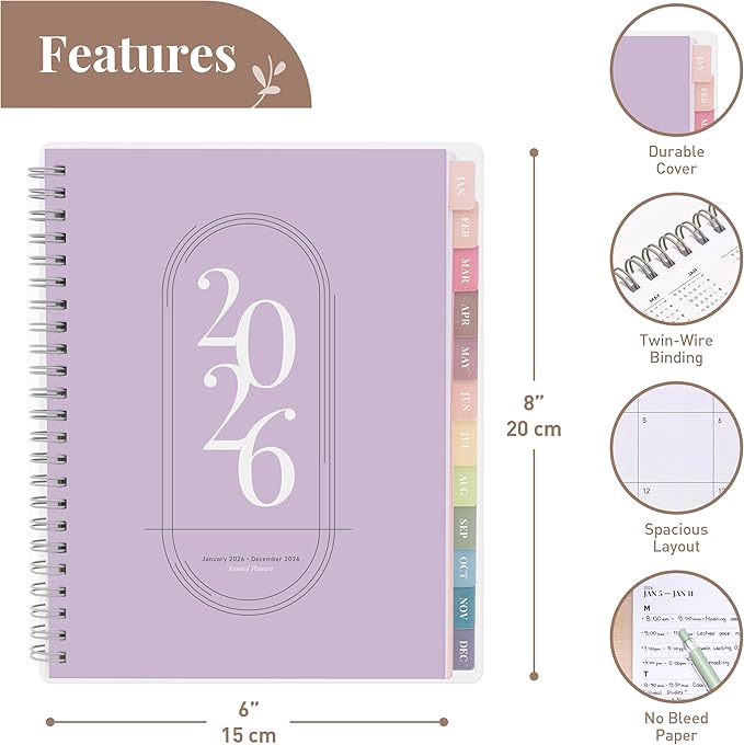 Rileys 2026 Planner, Agenda Planner With Weekly And Monthly View, Daily Agenda Book And Yearly Planners Calendar Book, Spiral Bound With Tabs, Notes, Goals And Holidays (Lilac, 8 x 6 in)