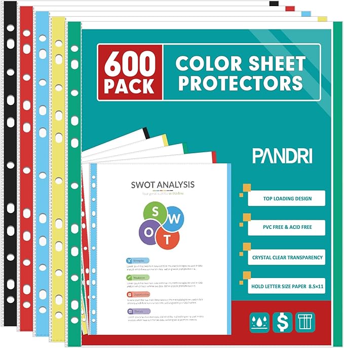 Sheet Protectors, PANDRI 600 Pack Color Heavy Duty Plastic Page Protectors Sheet Reinforced 11-Hole Fit for 3 Ring Binder Fits Standard 8.5 x 11 Paper, 9.25 x 11.25 Top Loaded, Excluding Acid