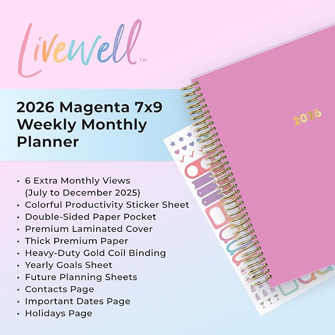 Blue Sky Livewell 2026 Weekly and Monthly Planner Calendar, January 2026 - December 2026, 7" x 9", Flexible Laminated Cover, Heavy Duty Coil Binding, Colorful Premium Paper, Includes Storage Pocket, Stickers, Magenta