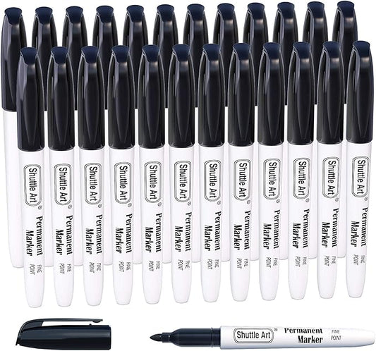 Shuttle Art 24 Black Permanent Markers Fine Tip Markers, Perfect on Plastic, Wood, Stone, Metal and Glass for Doodling, Coloring, Marking, School Supplies