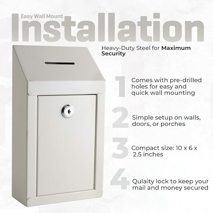 Metal Donation Box-Suggestion Box with Slot and lock-Cash Lock box for Money-Secure Drop Box-Comment and ballot voting box-comes with pre-drilled holes for easy wall mounting 10 X 6 X 2.5"(Off White)