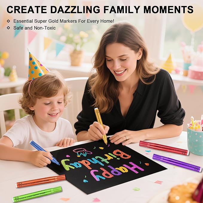 IVSUN Super Golden Metallic Markers, 18 Colors Glitter Acrylic Paint Pens for Black Paper, Fabric, Rock Painting, Glass, Wood, Scrapbooking, Photo Albums, Card Making, DIY Crafts Supplies