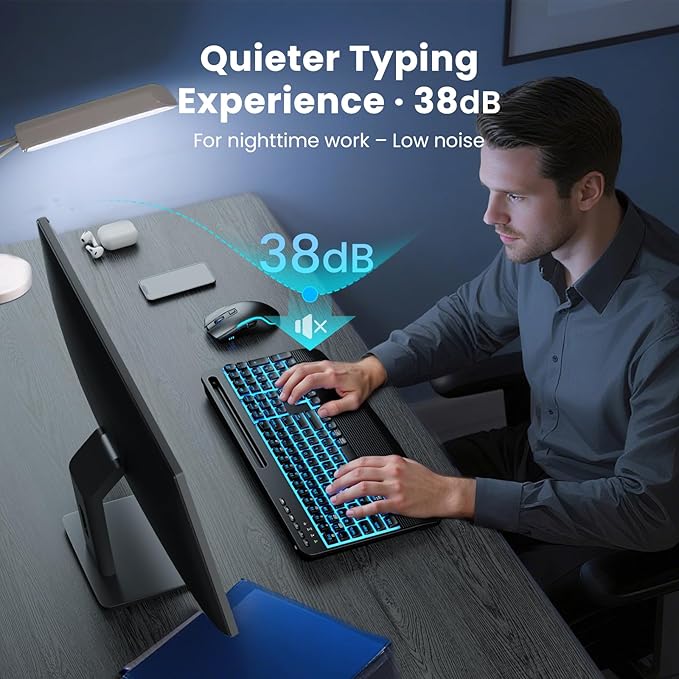 SABLUTE Wireless Keyboard and Mouse Combo, Rechargeable 4000mAh Light up Quiet Keyboard with Wrist Rest & Phone Holder, Ergonomic Silent Typing for PC/Mac/Laptop/Windows/Chrome OS
