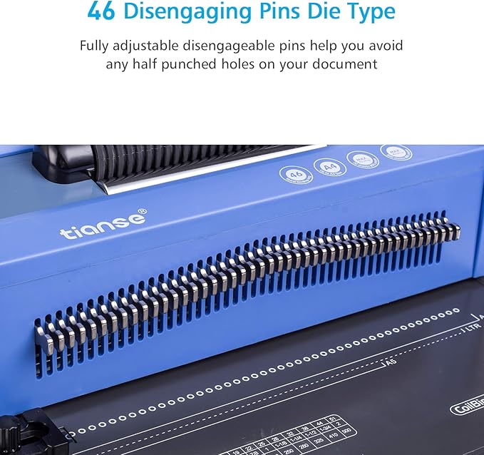 TIANSE Spiral Coil Binding Machine, Manual Book Maker Punch Binder with Electric Coil Inserter, Disengaging pins, Adjustable Side Margin, Comes with 100pcs 5/16'' Plastic Coil Binding Spines & Plier
