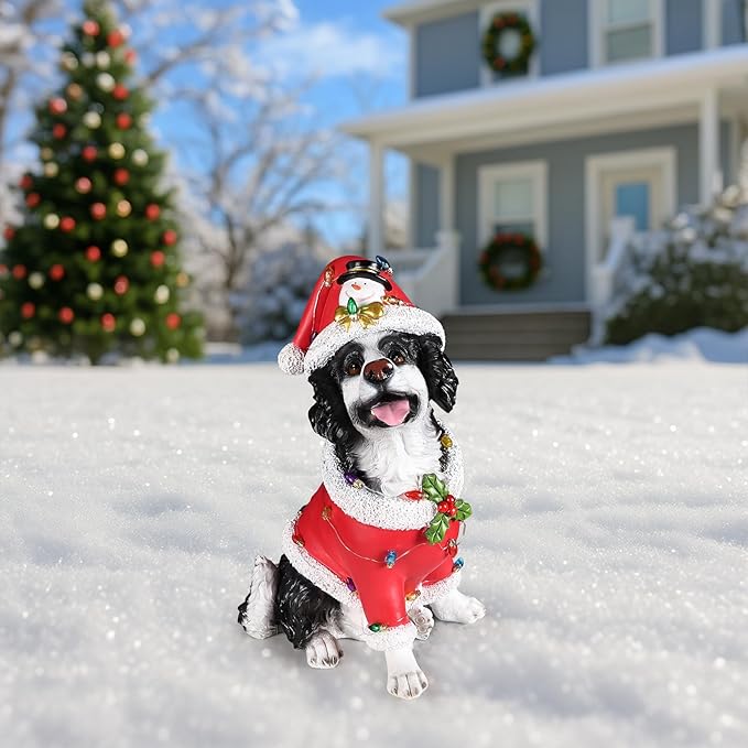 Christmas Outdoor Decoration Dog Statue, LED Light Cute Springer Spaniel Dog Sculpture with Santa Outfit & Lights for Garden and Yard, Indoor Holiday Décor Gift for mom and dad