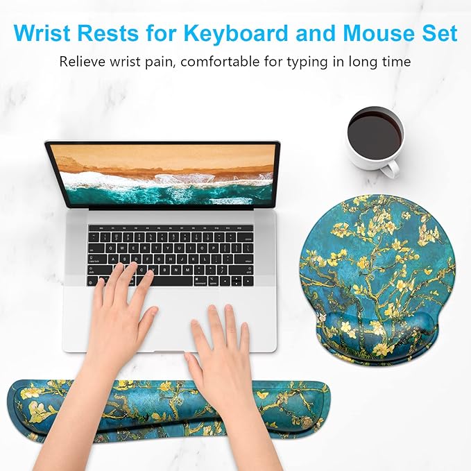 Dapesuom Keyboard Wrist Rest and Mouse Pad with Wrist Support, Cute Memory Foam Cushion for Keyboard and Mouse Set, Ergonomic Pad Rests with Non Slip Base for Easy Typing & Pain Relief, Green Flower