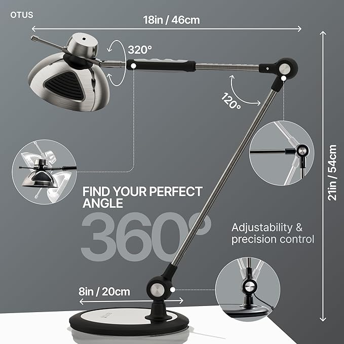 OTUS Desk Lamp for Home Office | Tall LED Architect Desk Light with Gesture Control & Touch | 1500 Lux Eye-Caring Dimmable for Study, Reading, Video Calls | 12 Levels & 3 Colors | Metal Swing Arm Lamp