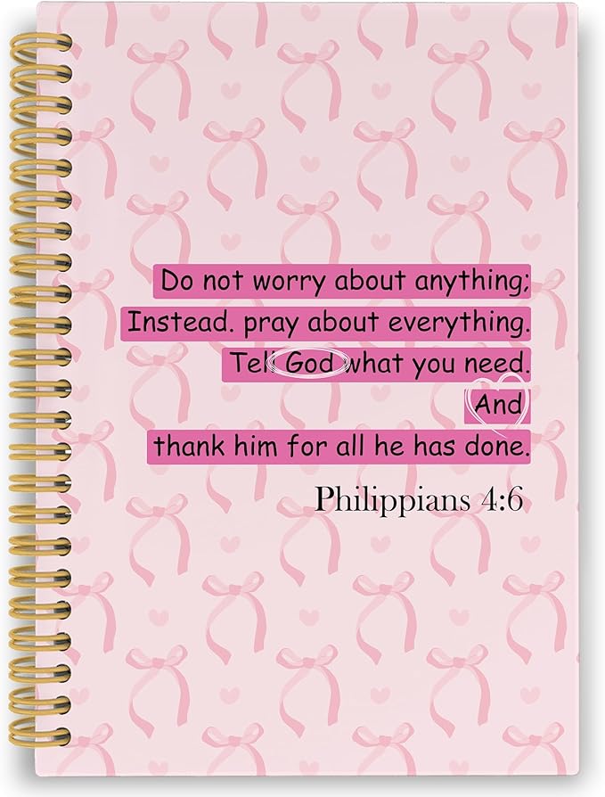 Coquette Pink Bows Christian Spiral Notebook, Scripture Bible Verses Journaling Notebooks for Church Office School, Preppy Girly Hardcover Journals for Teen Girls Women, 160 Pages 5.5 x 8.3 Inch