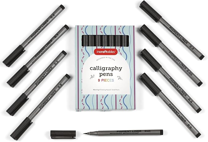 Incraftables Calligraphy Brush Pens – Pack of 9 Assorted Tips – Black Chisel Tip Markers for Hand Lettering, Writing, Sketching, Scrapbooking, & Art Projects – Beginner Kit for Kids & Adults