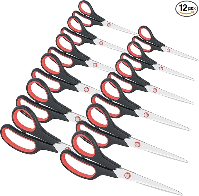 Scissors All Purpose for Office Heavy Duty, 8" Scissors Bulk Pack of 12 for Home Craft Sewing Fabric Supplies, High/Middle School Student Teacher Scissor,Right/Left Handed