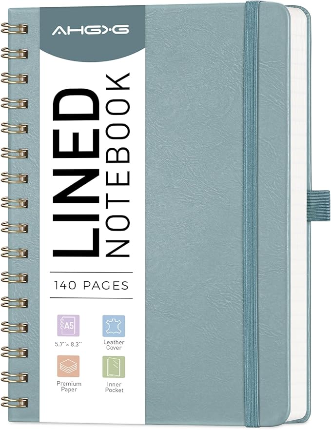 AHGXG Lined Spiral journaling notebooks With Numbered Pages, Hardcover Leather College Ruled Notebook 5.7" x 8.3" A5, light ivory Paper, Notebooks for School Work, Journals for Women,GrayBlue