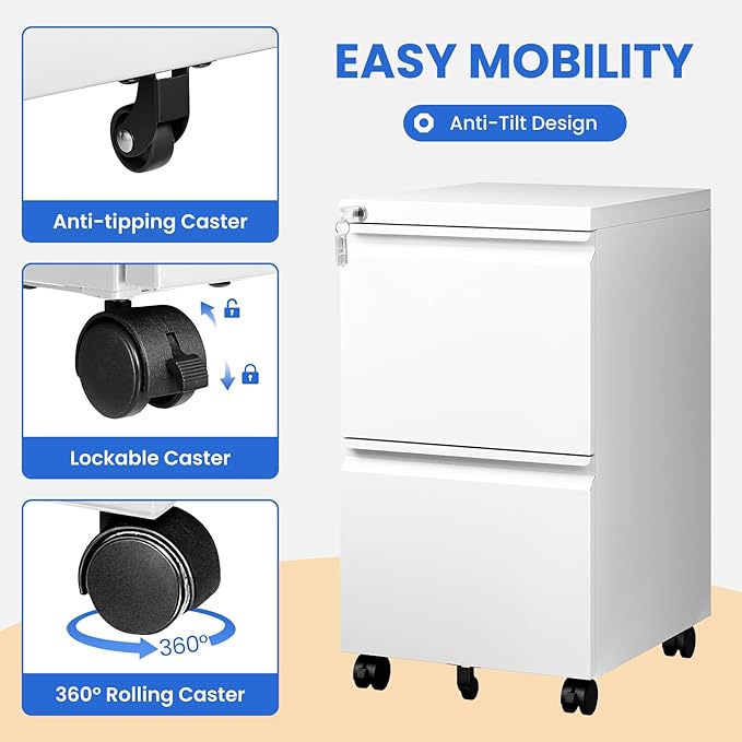 MIIIKO 2 Drawer File Cabinet on Wheels, Home Office Mobile File Drawers Under Desk, Filing Cabinets with Drawers for Legal/Letter/A4 File Folders(White),Un-Assembled