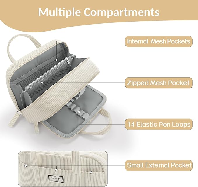 Sooez Large Pencil Case Pouch, Extra Big Pencil Bag with 5 Compartments, Pen Bag Wide Opening, Soft Corduroy Pencil Pouch Organizer with Zipper, Cute Aesthetic School Supplies for Teen Girls-Black