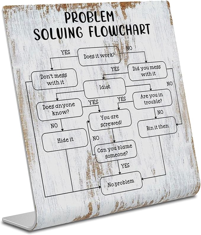 Problem Solving Flowchart Definition Plaque Desk Decor Office Shelf, Funny Work Colleague Gifts for Men Women Engineer, Accountant, Christmas Birthday Humorous Gift Idea for Boss XUV111