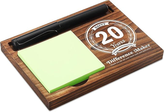 20th Work Anniversary Sticky Note Holder Wooden Notepad & Pen Holder 6.5" x 4.7" Sticky Note Pad Holder Dispenser for Desk Difference Maker Work Appreciation Gifts, NPA230