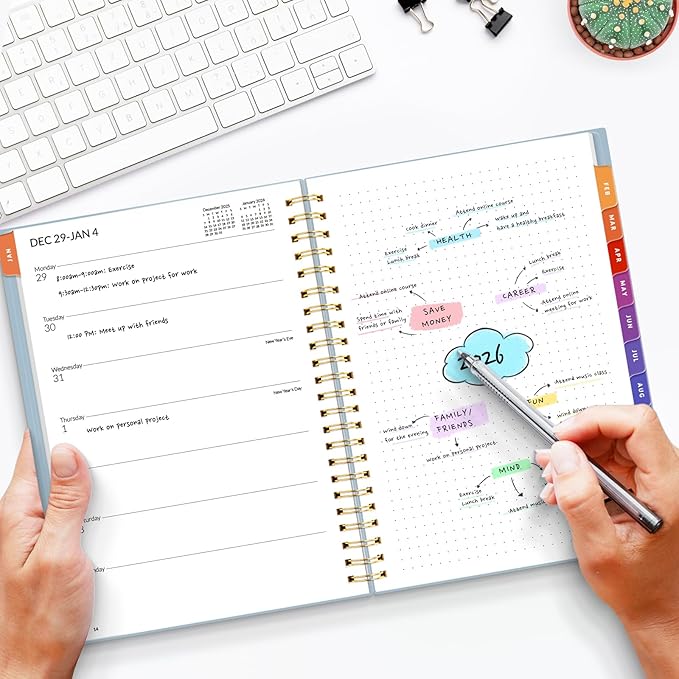 SUNEE 2026 Weekly and Monthly Planner - January 2026-December 2026, 6.4" x 8.3" Half Weekly Half Note, Daily Agenda Planner with PVC Waterproof Cover, Monthly Tab, Note, Pockets, Bookmark, Blue
