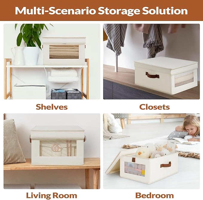 Fabric Storage Bins with Lids, Collapsible Closet Organizer with Sturdy Handles, Clear View Window, Stackable Storage Baskets for Clothes, Towels, Books, Hand Pull Closet Organizer Boxes-2-Pack, Beige