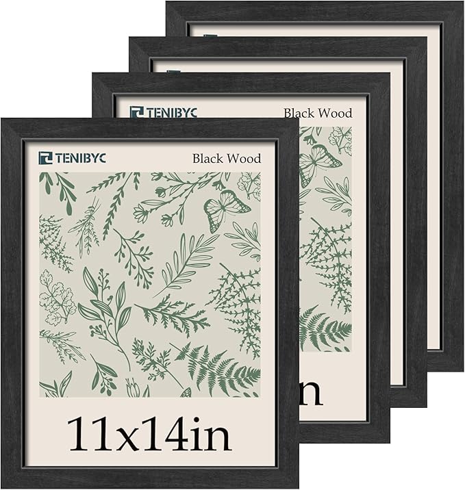 11x14 Picture Frame 4 Pack - Black Solid Wood Poster Photo Frame - Tempered Glass - Woodgrain Series - Room, Office, Gallery, Studio Display - Wall Hanging