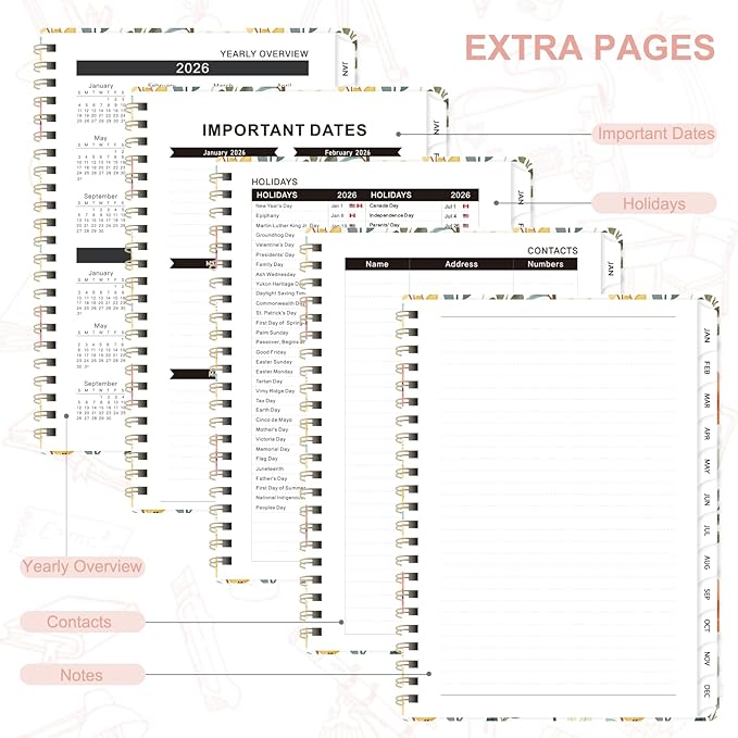 2026 Planner, Weekly and Monthly Calendar Book Planner, Agenda 2026 from January to December, Academic Planning for School, Offices Supplies, Painted Flowers