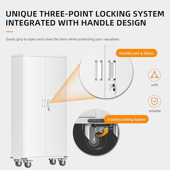 INTERGREAT Metal Garage Storage Cabinet, Lockable Rolling Tool Cabinets with Pegboard and Shelves, 72" Tall Heavy-Duty File Cabinet with Wheels for Garage, Basement, Warehouse, White