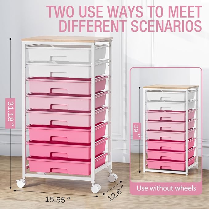 Rolling Cart with Drawers, Pink Cart with 8 Plastic Drawer Storage and Wooden Tabletop, Craft Storage, Teacher Cart, Storage Cart on Wheels, Rose Pink