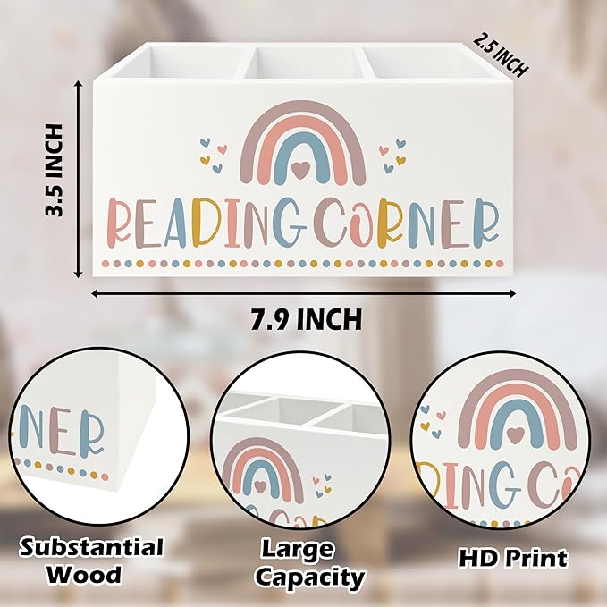 Boho Reading Corner Pen Pencil Holder Organizer for Desk, Boho Rainbow Bookish Wooden Box Signs Decorations for Reading Nook Corner Room Desk Tabletop, Book Lover Reader Gifts