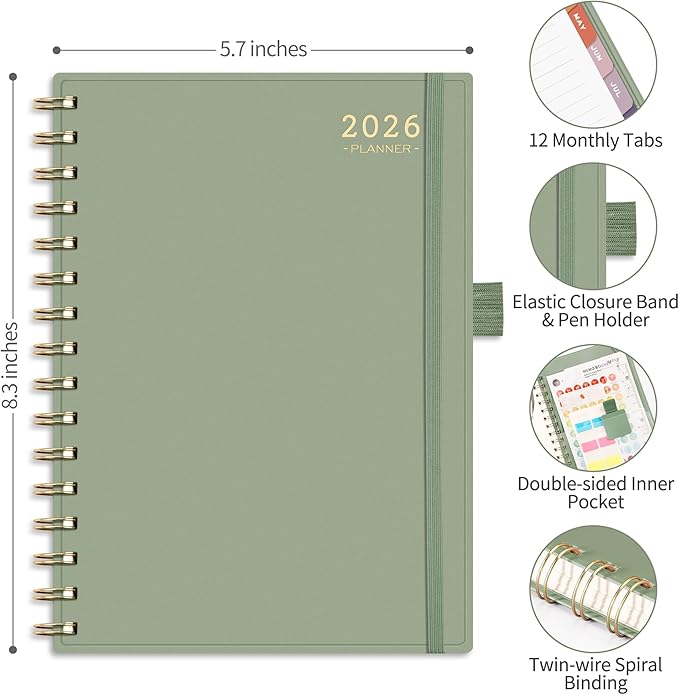 RETTACY 2026 Planner, Weekly and Monthly, Medium Size (5.7" x 8.3"), Jan - Dec 2026, Agenda, Calendar, 12 Month Tabs, Flexible Plastic Cover, 100 GSM Thick Paper, Spiral-bound (Light Green)
