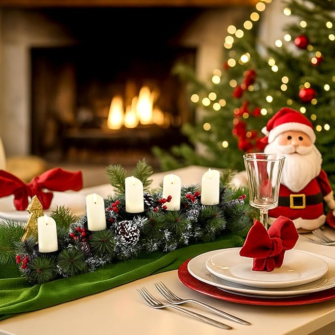Yungyan Christmas Tabletop Centerpiece 30 Inch, Includes 5 Battery Operated LED Candle Holders, Red Berries, Pine Cones and Base, Christmas Artificial Dinner Table Decorations