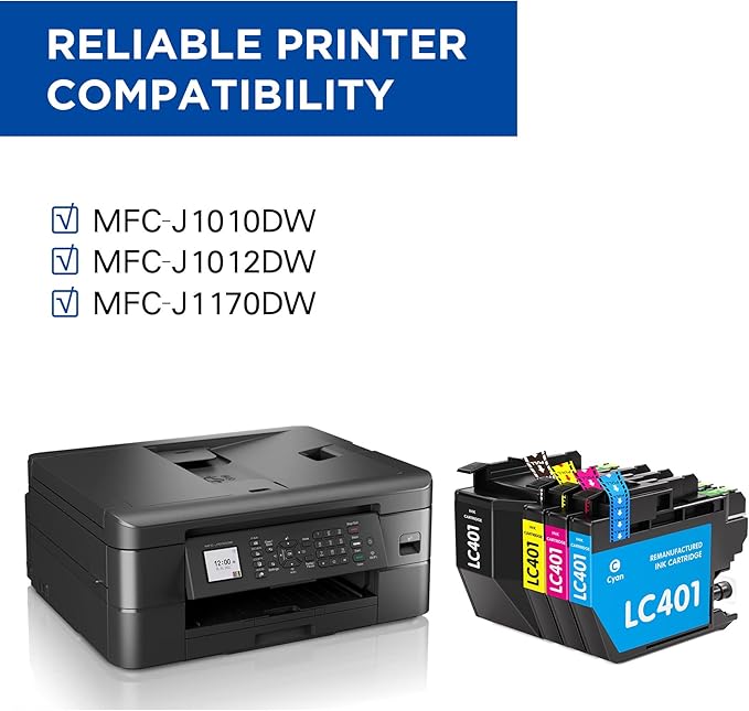 LC401 Ink Cartridges Compatible for Brother LC401 Ink Cartridges Color Standard Yield Work with Brother MFC-J1010DW MFC-J1012DW MFC-J1170DW Printer (1 Black,1 Cyan,1 Magenta,1 Yellow,4 Pack)