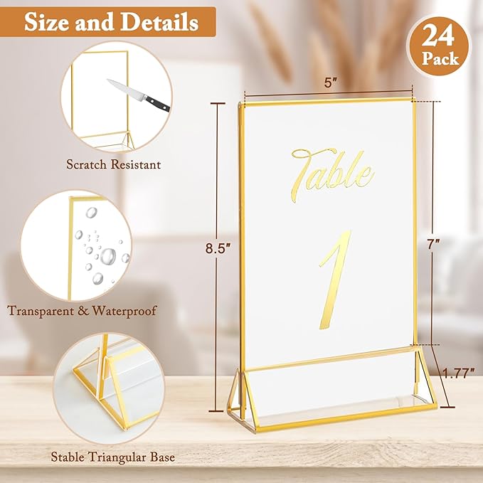 Floroom 24 Pack 5x7 Inch Clear Acrylic Sign Holders, Double-Sided Gold Display Stand Picture Frames for Table Numbers, Menus, Flyers, Weddings, and Offices