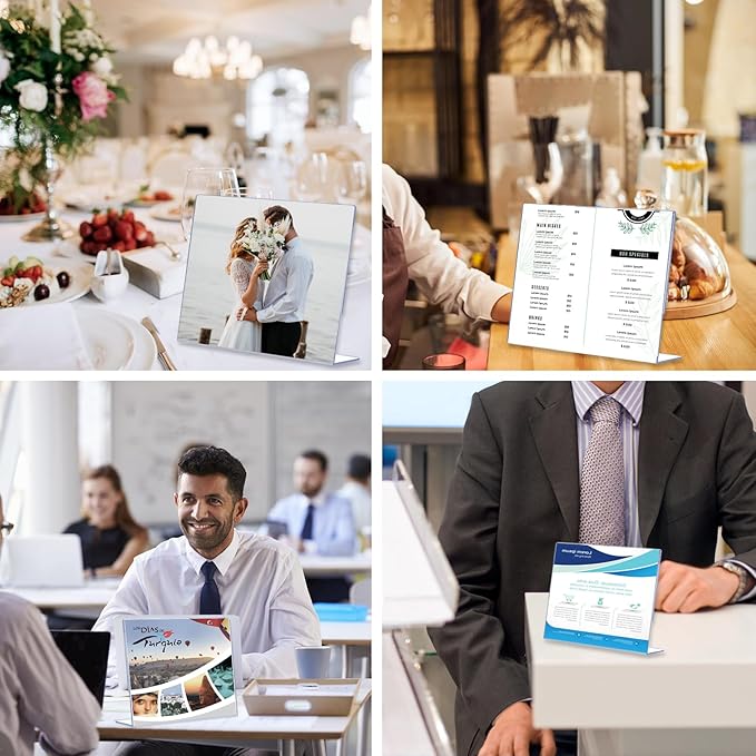 12 Pack L Shape Slanted Back 11x8.5 Plastic Sign Holders with Anti-Slip Pads, Business & Store Acrylic Tabletop Display Stand for Flyers, Menus, Documents, Price, Promotions, Wedding, Party Decoration