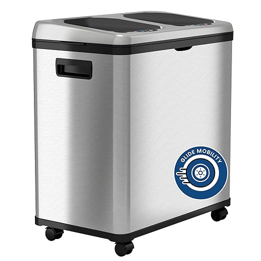 iTouchless 16 Gallon Touchless Sensor Trash Can and Recycle Bin with Wheels, 60 Liter Stainless Steel Dual-Compartment (2 x 8 Gallon) Kitchen Recycling and Garbage Trashcan