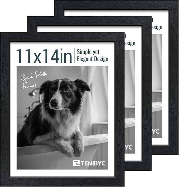 11x14 Picture Frame Set - 3 Pack, Textured Black Solid Wood, HD Tempered Glass, Wall Gallery Photo Frame
