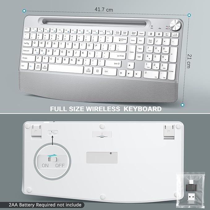 Ergonomic Wireless Keyboard with Wrist Rest-Low-Profile,Phone/Tablet Holder,Quiet Design，Windows & Mac OS，Full Size Cordless USB Computer Keyboard for Desktop,Laptop, PC, Mac, Windows-White