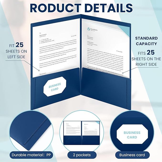 Henoyso 24 Pcs 9" x 12" Plastic Presentation Folders Blue Folder with 2 Pockets Letter Size, Heavy Duty Two Pocket File Folders with Card Holder for School Office Business Home