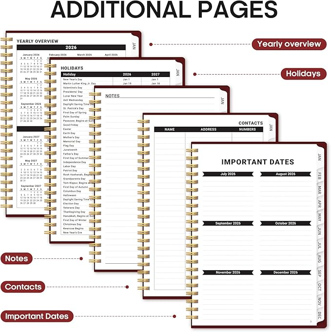 2026 Planner, Weekly and Monthly Calender Planner, Jan 2026 to Dec 2026, Hardcover 2026 Calendar Planner Book with Tabs & Inner Pocket, Office Home School Supplies for Women & Men - A5 (6.3" x 8.5"), Burgundy