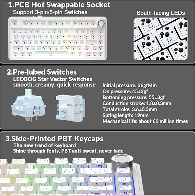 AULA F75 Pro Wireless Mechanical Keyboard with Knob,75% Hot Swappable Custom Gaming Keyboards,RGB Backlit,Pre-lubed Switches,Side Printed PBT Keycaps Creamy Sounding Computer Keyboard, Line White