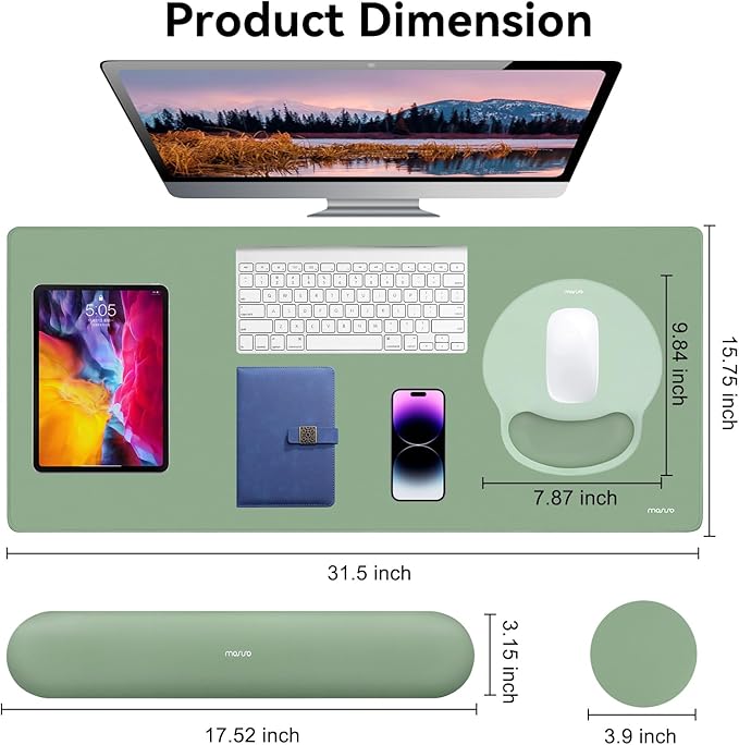 MOSISO Wrist Rest for Keyboard Mouse Pad Set, Large Gaming Deskpad&Circle Curved Mousepad&Keyboard Wrist Rest&Coaster, Ergonomic Non-Slip Mousepad&Easy Typing Pad with Curved Memory Foam, Green