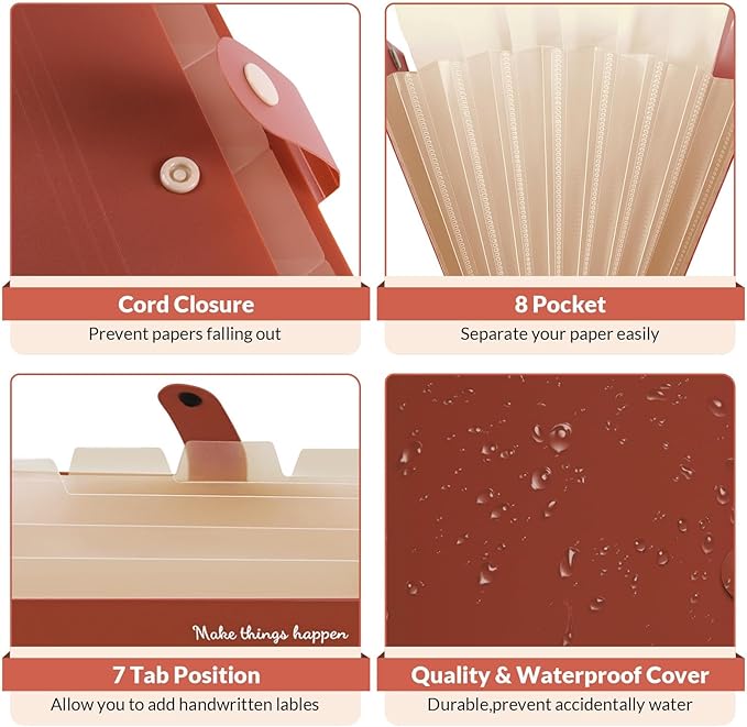 SKYDUE File Folder with Labels, Accordion File Organizer with 8 Pockets, Portable Document Organizer, A4 Letter Size, Paper Organizer for Office, Brown