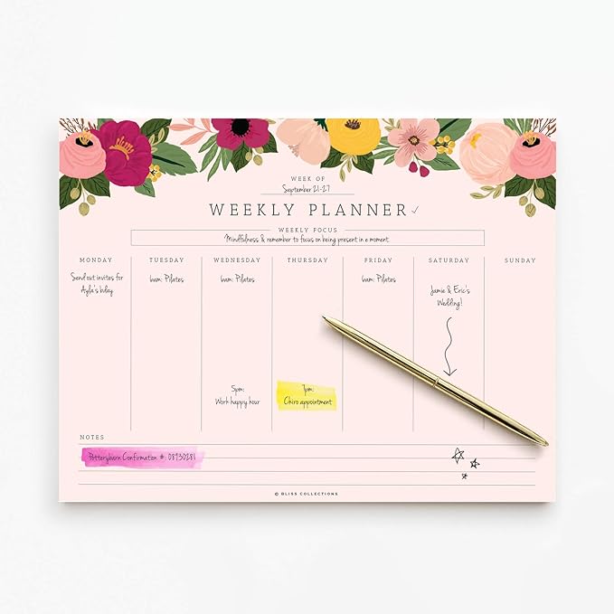 Bliss Collections Weekly Planning Pad, To Do List Notebook - Undated Tear-Off Sheets Notepad - Work Calendar, Organizer, Scheduler for Goals, Tasks - Floral (Pink), 8.5" x 11", 50 Sheets