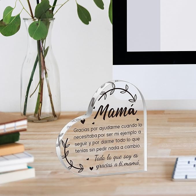 Yopyame Spanish Mom Acrylic Gifts - Regalos para Mamá Heart Acrylic Plaque for Office Deck Decor Ideas Keepsake Paperweight for Mom in Spanish Mother's Day Christmas Gifts for Mamá from Daughter Son