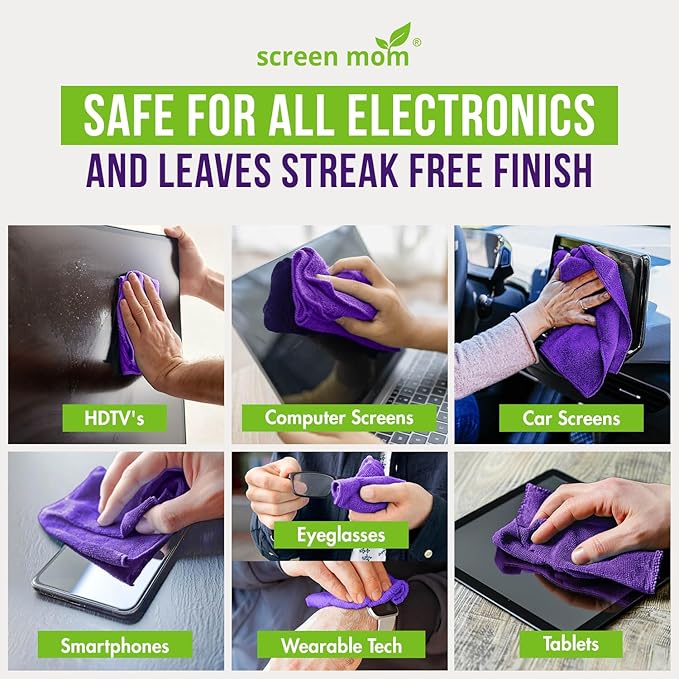 Screen Mom Screen Cleaner Spray and Microfiber Cloth 2-Pack (2x16oz) Screen Cleaner Spray and Wipe for TV, Computer, Phone, iPad, Car Screen Cleaning Kit Electronic Cleaner Spray