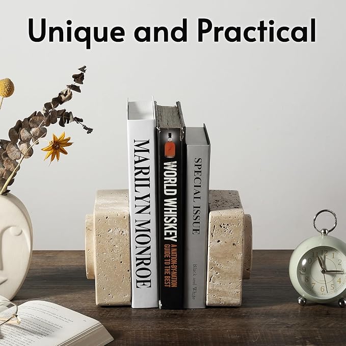 Koville Marble Square Book Ends, Heavy Duty Book Holders, Bookends for Shelves, Office Bookshelf Decor for CDs/Video Games(Travertino Romano)