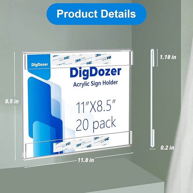 20 Pcs Acrylic Sign Holder 11 x 8.5, Horizontal Wall Mount Sign Holders with Adhesive, Clear Plastic Frames Paper Display Sign Holders for Office, Home, Store, Restaurant - No Drilling