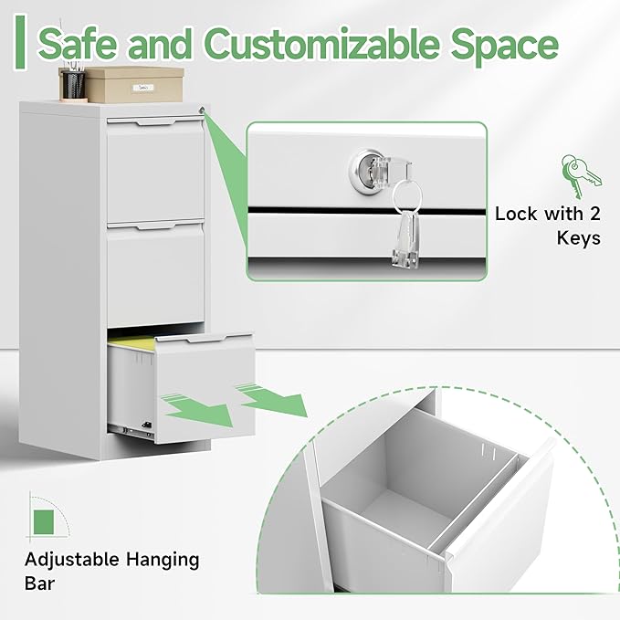 3-Drawer File Cabinet with Lock,Metal Vertical Filing Cabinets for Home Office,Under Desk File Cabinets for Letter/Legal/A4 Size Files,Assembly Required