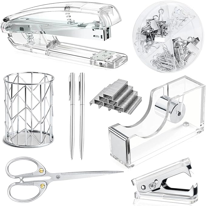 Office Desk Accessories，Office Supplies Set Acrylic Stapler Set Staple Remover, Tape Holder, Pen Holder, 2 Ballpoint Pen, Scissor, Binder Clips, Paper Clips and 1000pcs Staples(Silver)
